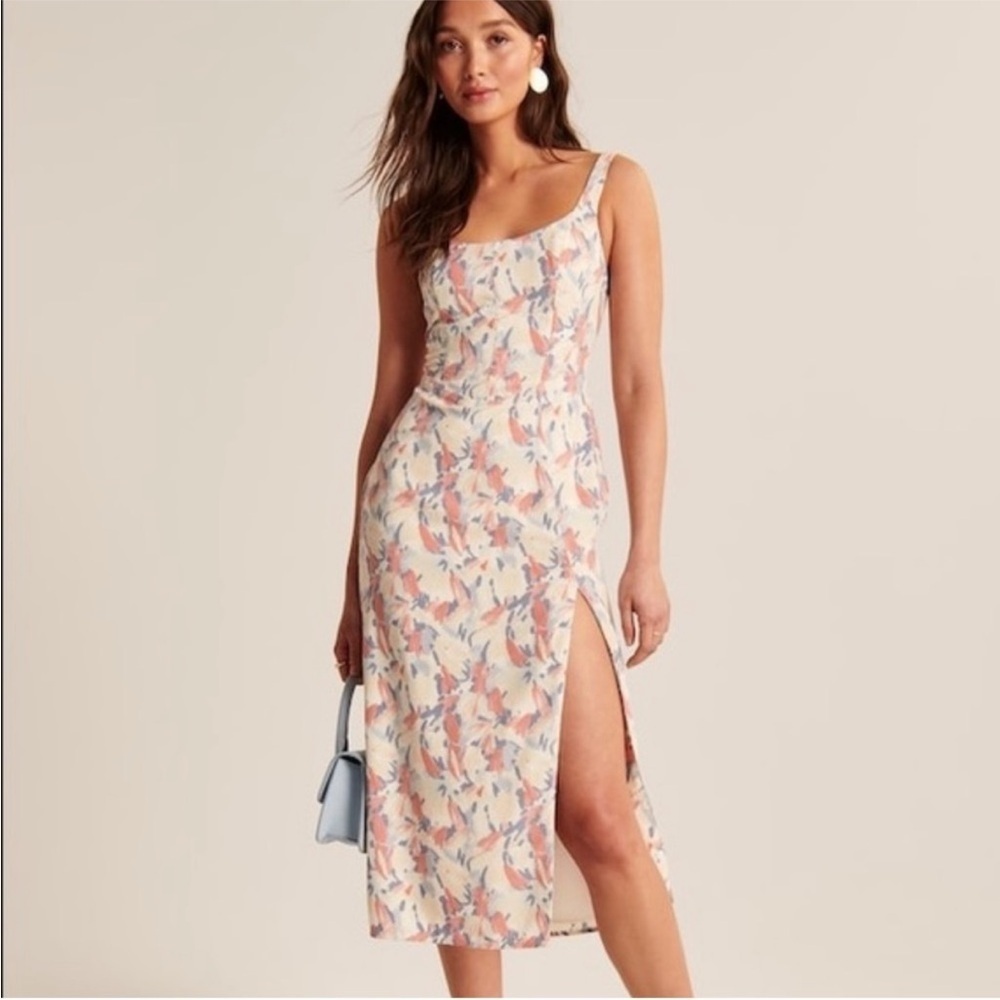 Abercrombie & Fitch Printed Midi Dress with Slit Pink Blue Size M